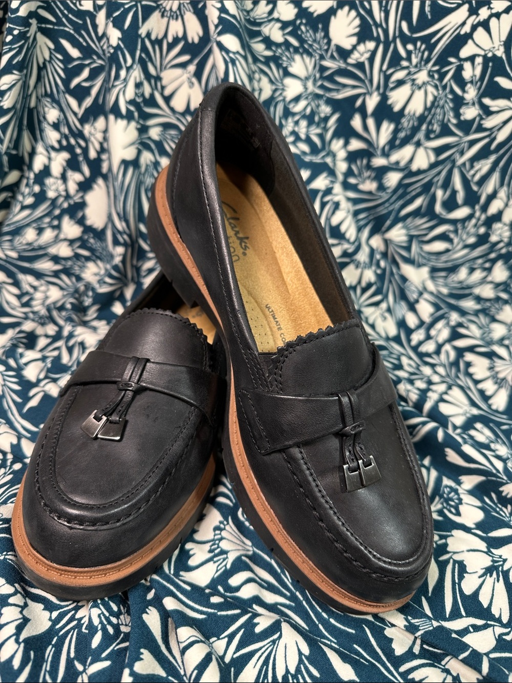 Clarks Black Leather Tassel Penny Loafers with Tan Sole